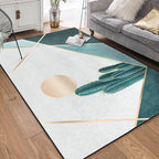 Modern living room rug in green and gray color block cactus sun print rug polyester non-slip backing washable rug