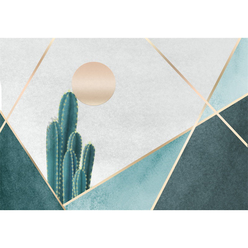 Modern living room rug in green and gray color block cactus sun print rug polyester non-slip backing washable rug