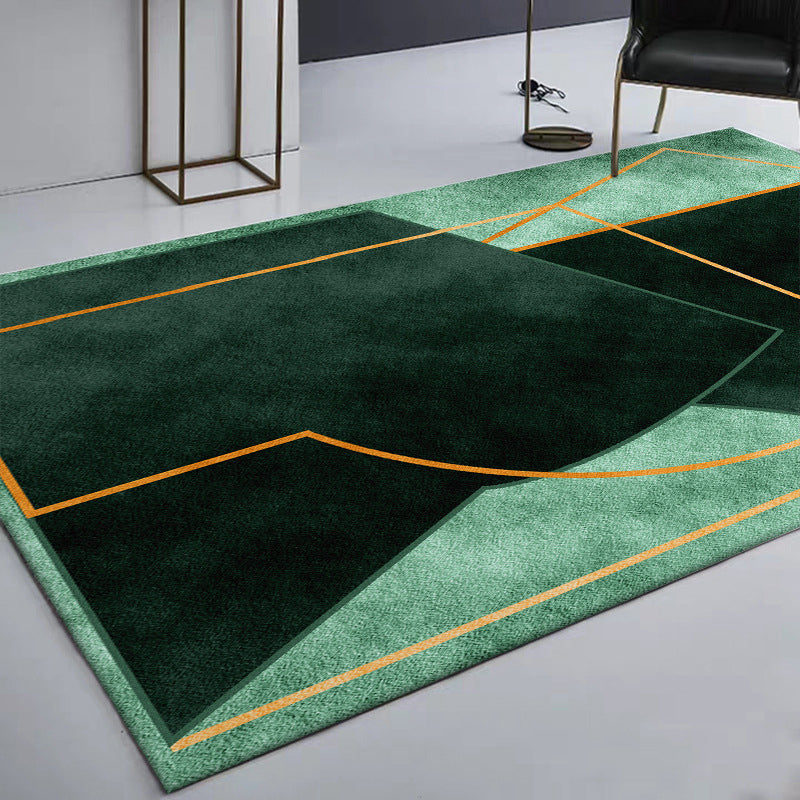 Green Bedroom Rug Modern Color Block Geometry Line Pattern Rug Polyester Dirt Resistant Rug