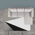 Modern living room rug in gray and white, color block triangle print, rug made of polyester, washable area rug