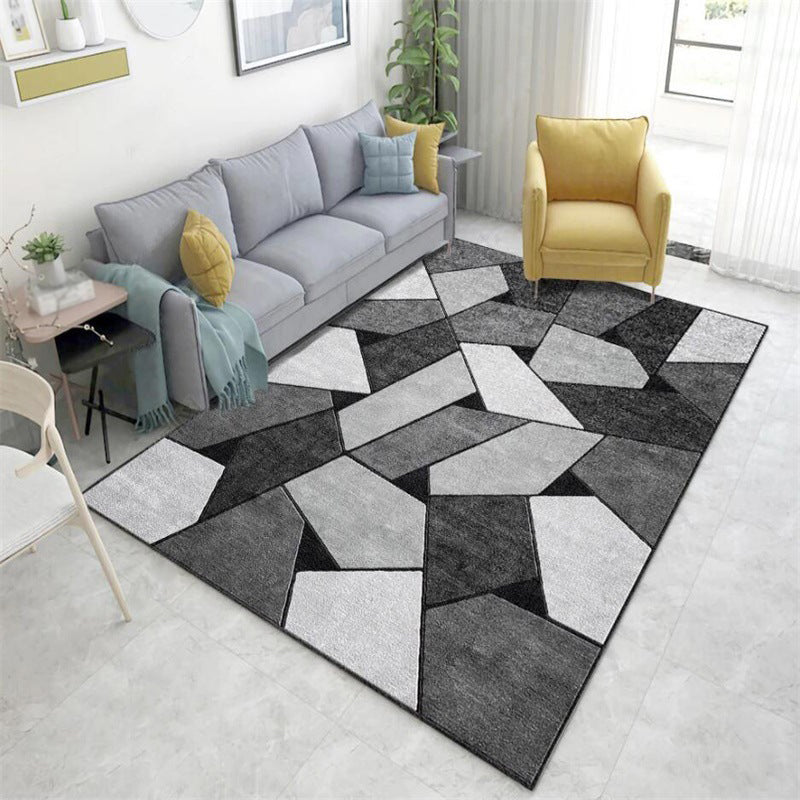 Modern living room rug in black and gray color block irregular shape printed rug polyester machine washable rug