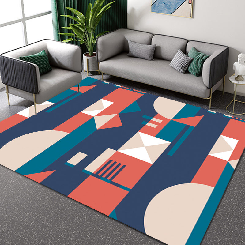 Orange and Blue Bedroom Rug Modern Color Block Pattern Area Rug Polyester Stain Resistant Rug