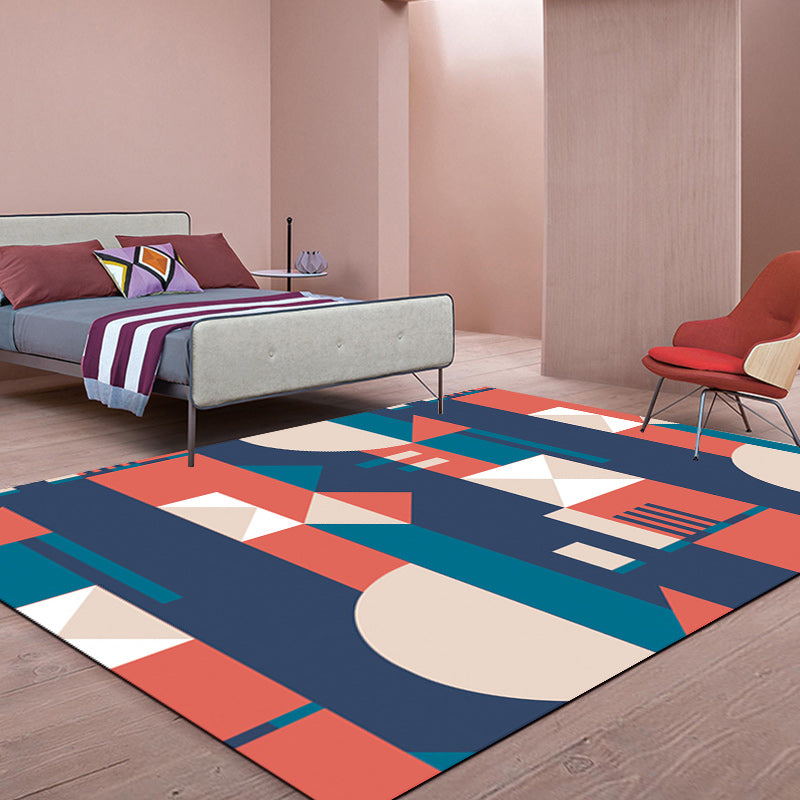 Orange and Blue Bedroom Rug Modern Color Block Pattern Area Rug Polyester Stain Resistant Rug