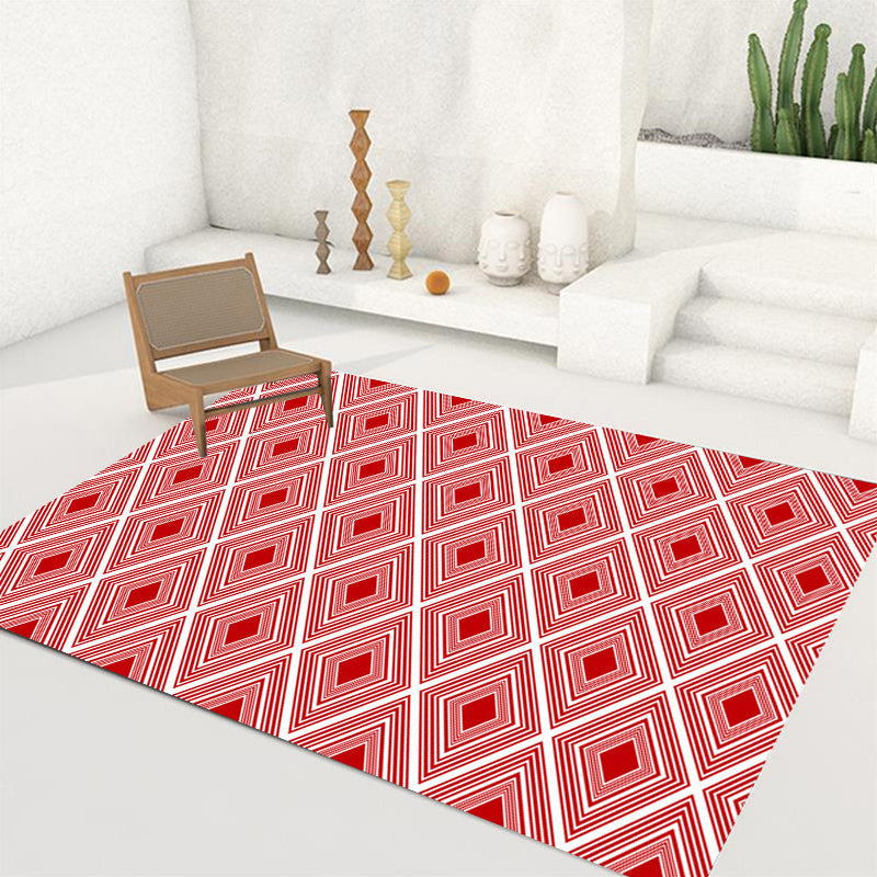 Red Bedroom Carpet Modern Checkered Pattern Diamond Pattern Rug Polyester Washable Stain Resistant Rug
