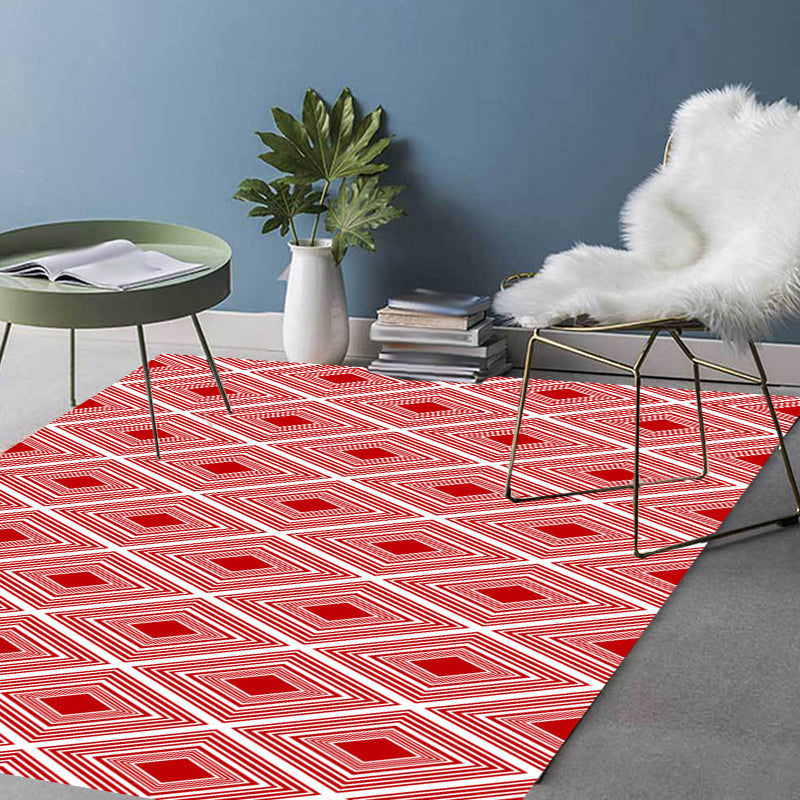 Red Bedroom Carpet Modern Checkered Pattern Diamond Pattern Rug Polyester Washable Stain Resistant Rug