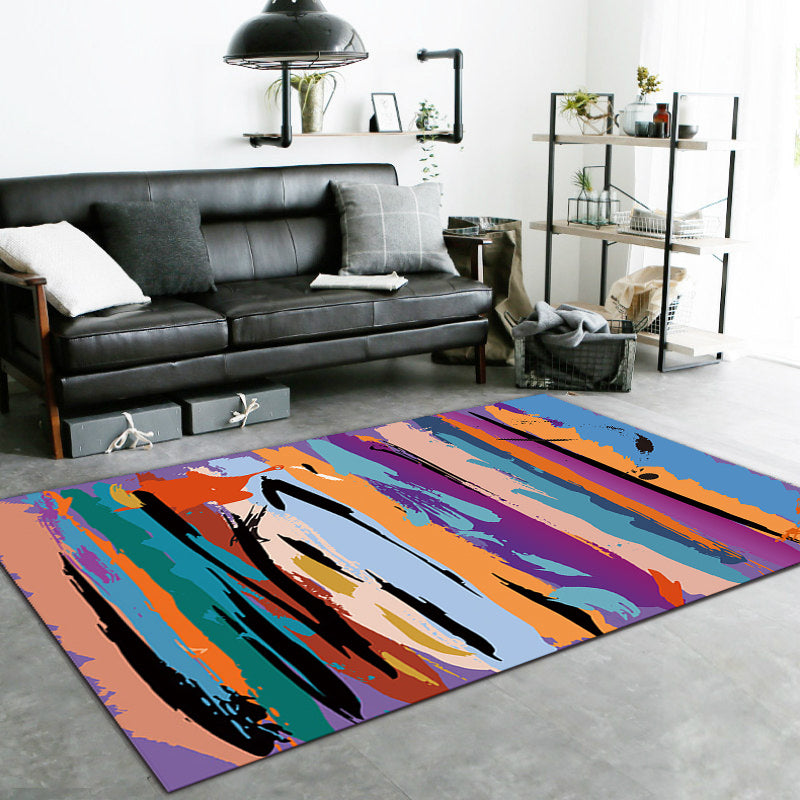 Purple Bedroom Rug Modern Abstract Paint Pattern Area Rug Polyester Non-Slip Stain Resistant Rug