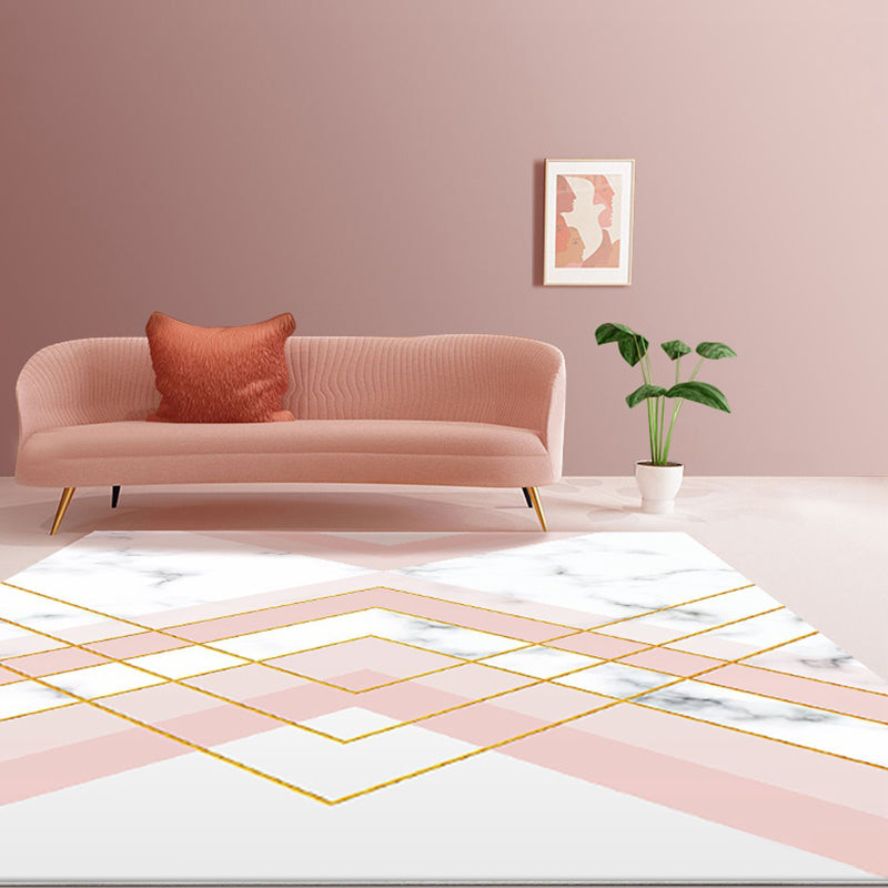 Nordic Geometric Pattern Rug Green and Pink Polyester Rug Washable Pet Friendly Non-Slip Area Rug for the Living Room