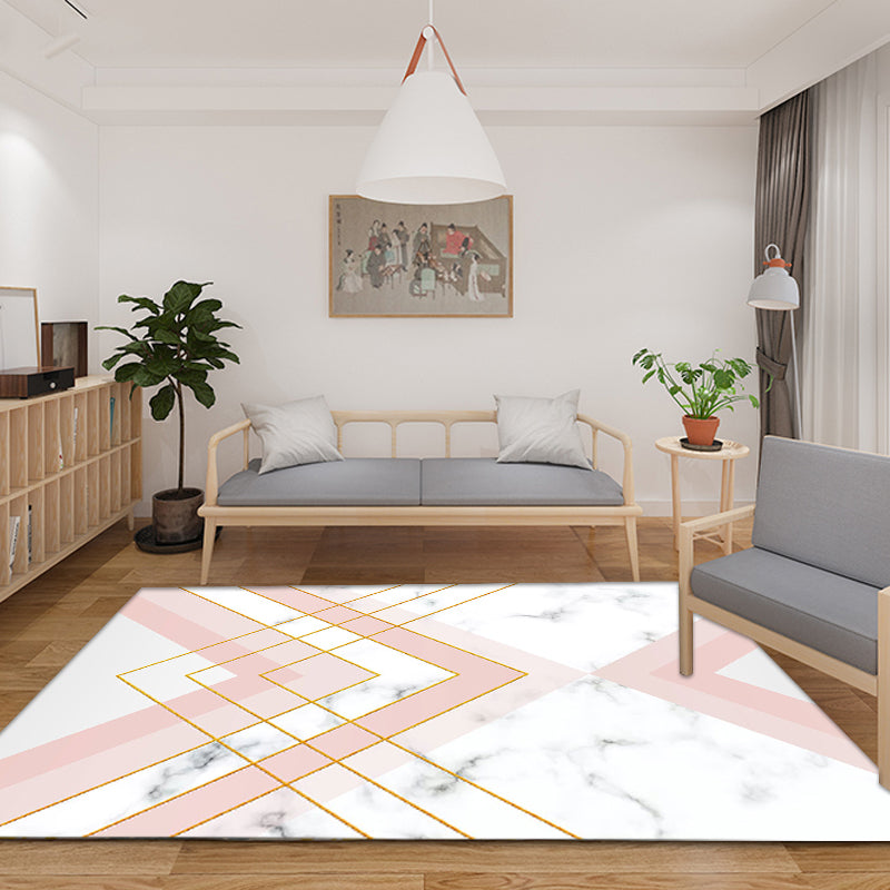 Nordic Geometric Pattern Rug Green and Pink Polyester Rug Washable Pet Friendly Non-Slip Area Rug for the Living Room