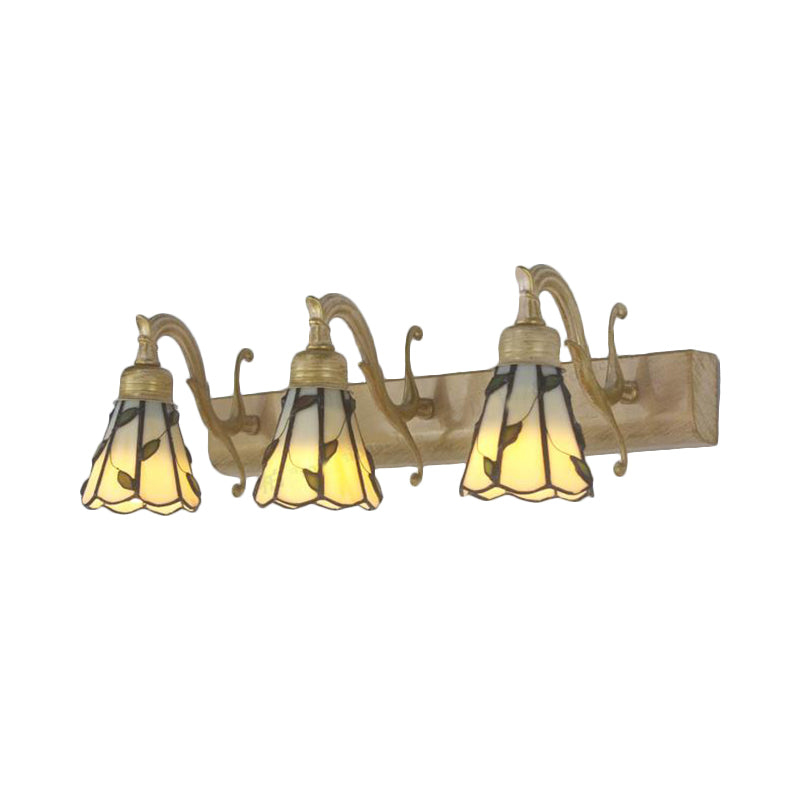 3 Heads Leaf Vanity Light Rustic Loft Stained Glass Makeup Mirror Light with Linear Backplate in Copper/Antique Brass/Gold | Vinantica