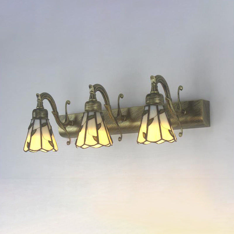 3 Heads Leaf Vanity Light Rustic Loft Stained Glass Makeup Mirror Light with Linear Backplate in Copper/Antique Brass/Gold | Vinantica