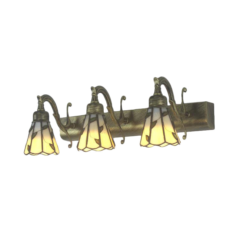 3 Heads Leaf Vanity Light Rustic Loft Stained Glass Makeup Mirror Light with Linear Backplate in Copper/Antique Brass/Gold | Vinantica