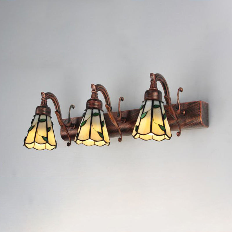 3 Heads Leaf Vanity Light Rustic Loft Stained Glass Makeup Mirror Light with Linear Backplate in Copper/Antique Brass/Gold | Vinantica