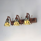 3 Heads Leaf Vanity Light Rustic Loft Stained Glass Makeup Mirror Light with Linear Backplate in Copper/Antique Brass/Gold | Vinantica