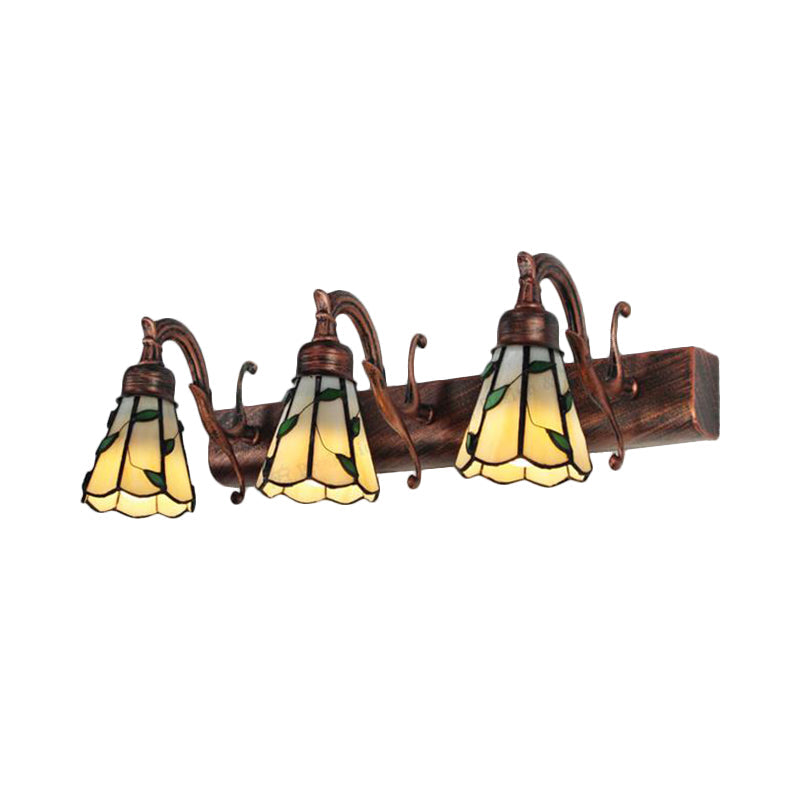 3 Heads Leaf Vanity Light Rustic Loft Stained Glass Makeup Mirror Light with Linear Backplate in Copper/Antique Brass/Gold | Vinantica