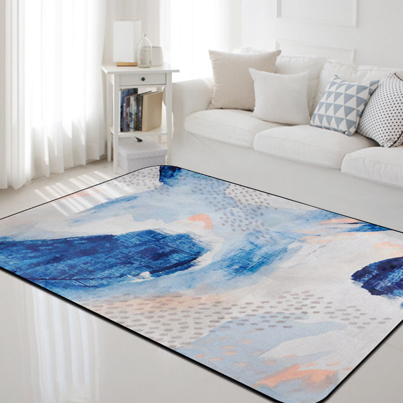 Unique Brush Stroke Pattern Carpet Blue Contemporary Carpet Polyester Pet Friendly Non-Slip Back Washable Carpet for the Living Room