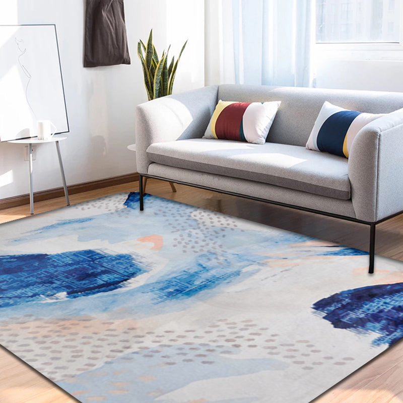 Unique Brush Stroke Pattern Carpet Blue Contemporary Carpet Polyester Pet Friendly Non-Slip Back Washable Carpet for the Living Room
