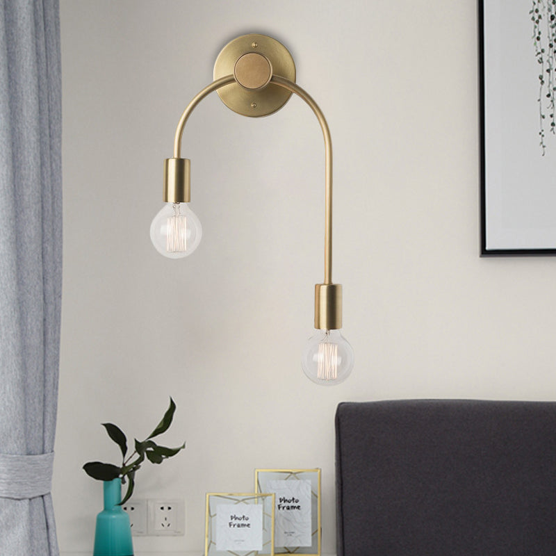 Swoop Arm Iron Wall Mounted Lamp Minimalist 2-Light Black/Gold Sconce Lighting with Bare Bulb Design