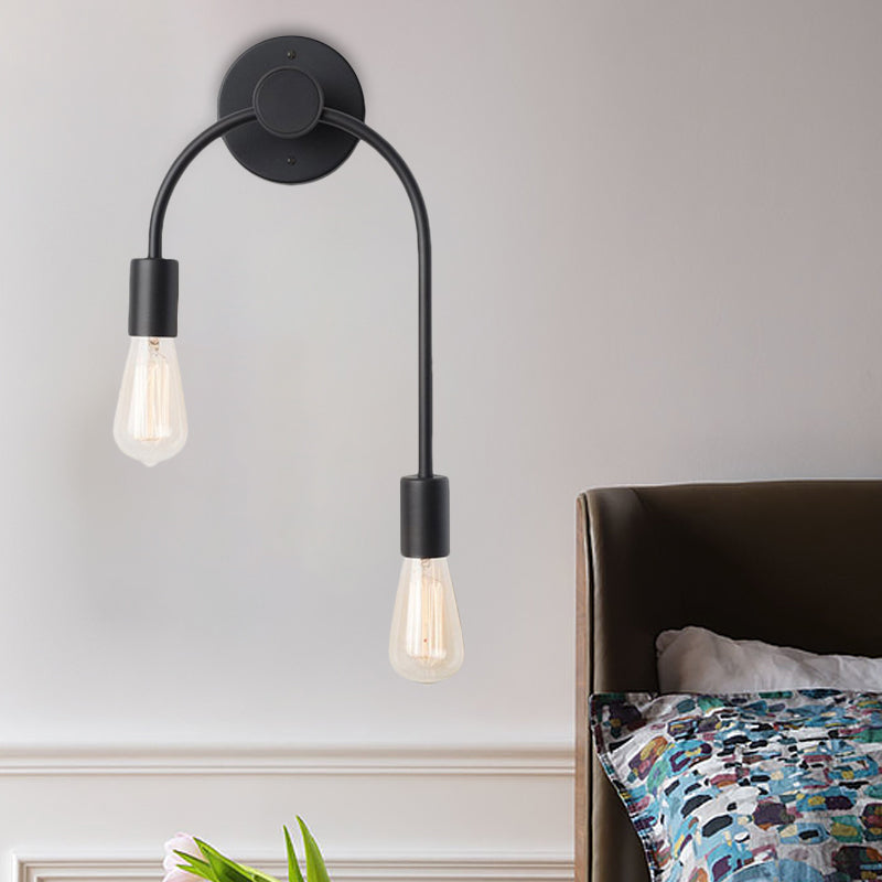 Swoop Arm Iron Wall Mounted Lamp Minimalist 2-Light Black/Gold Sconce Lighting with Bare Bulb Design