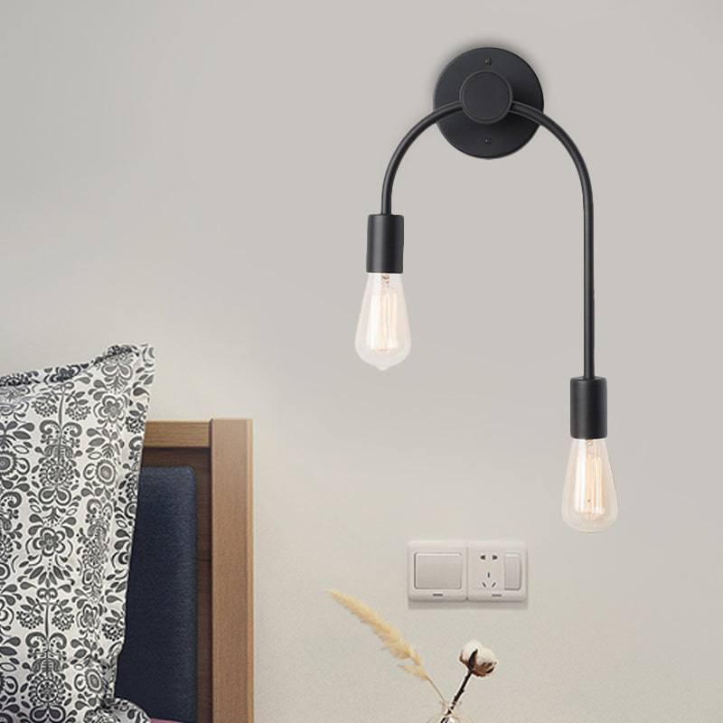 Swoop Arm Iron Wall Mounted Lamp Minimalist 2-Light Black/Gold Sconce Lighting with Bare Bulb Design
