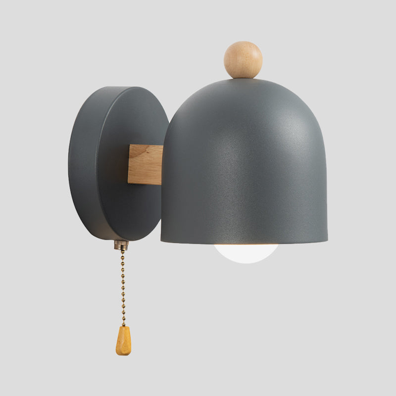 Nordic Small Dome Pull-Chain Wall Lamp Iron 1 Bulb Bedroom Wall Mount Lighting in Grey with Wood Detail