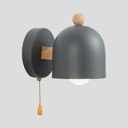 Nordic Small Dome Pull-Chain Wall Lamp Iron 1 Bulb Bedroom Wall Mount Lighting in Grey with Wood Detail