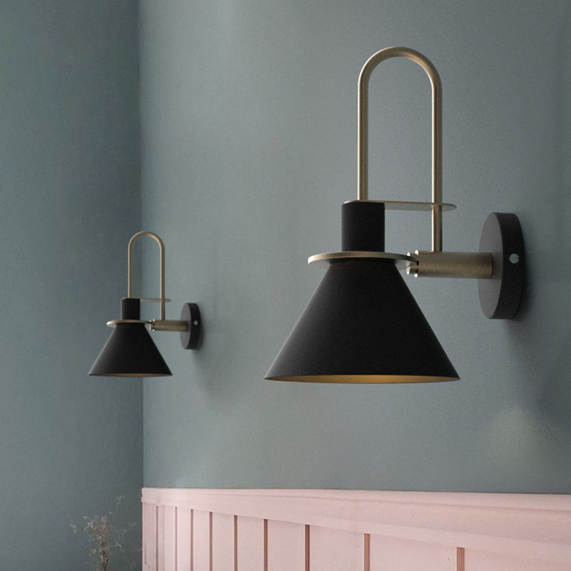 Black/White/Green Cone Wall Lamp Macaron 1-Light Metal Wall Mounted Light with Arched Arm for Bedroom, Warm/White Light