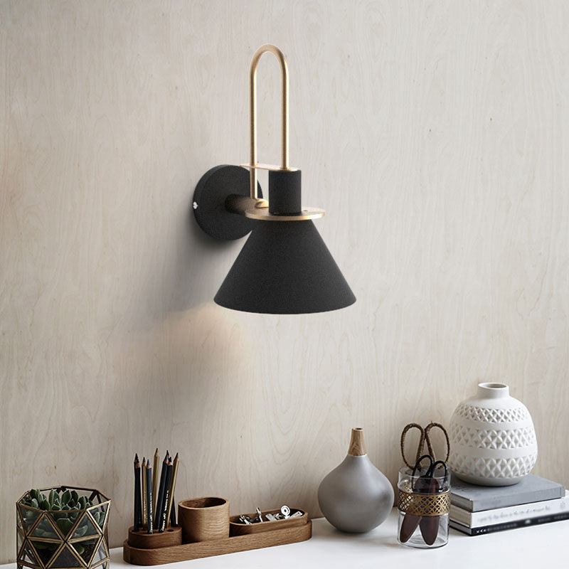 Black/White/Green Cone Wall Lamp Macaron 1-Light Metal Wall Mounted Light with Arched Arm for Bedroom, Warm/White Light