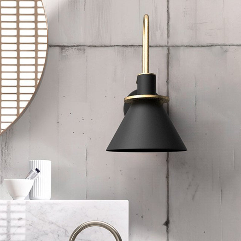 Black/White/Green Cone Wall Lamp Macaron 1-Light Metal Wall Mounted Light with Arched Arm for Bedroom, Warm/White Light