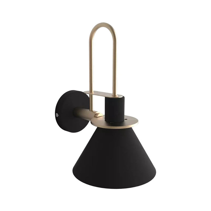 Black/White/Green Cone Wall Lamp Macaron 1-Light Metal Wall Mounted Light with Arched Arm for Bedroom, Warm/White Light