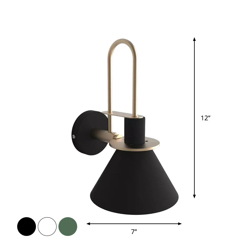 Black/White/Green Cone Wall Lamp Macaron 1-Light Metal Wall Mounted Light with Arched Arm for Bedroom, Warm/White Light