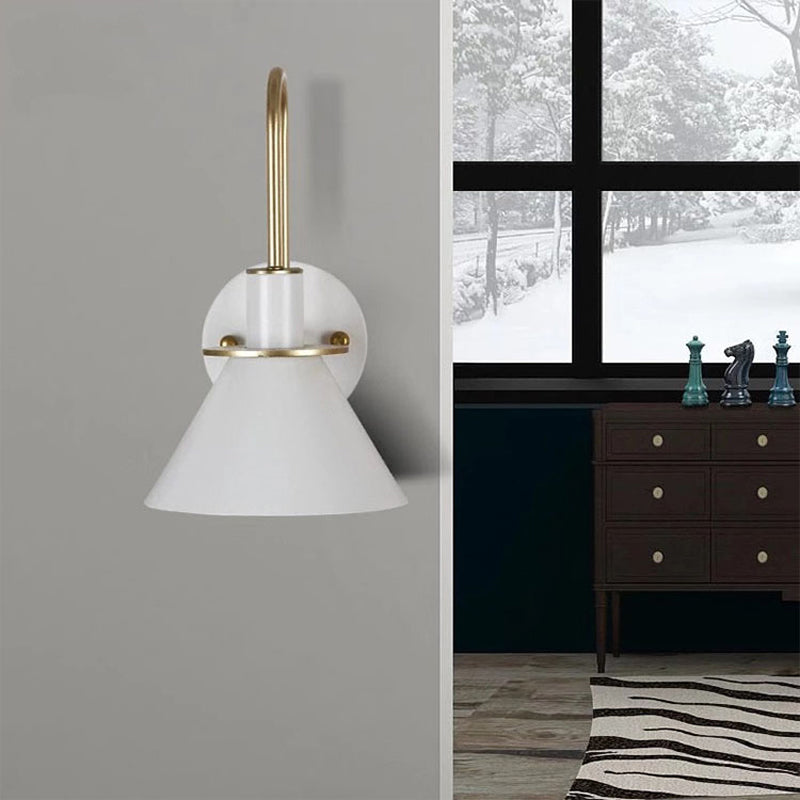 Black/White/Green Cone Wall Lamp Macaron 1-Light Metal Wall Mounted Light with Arched Arm for Bedroom, Warm/White Light