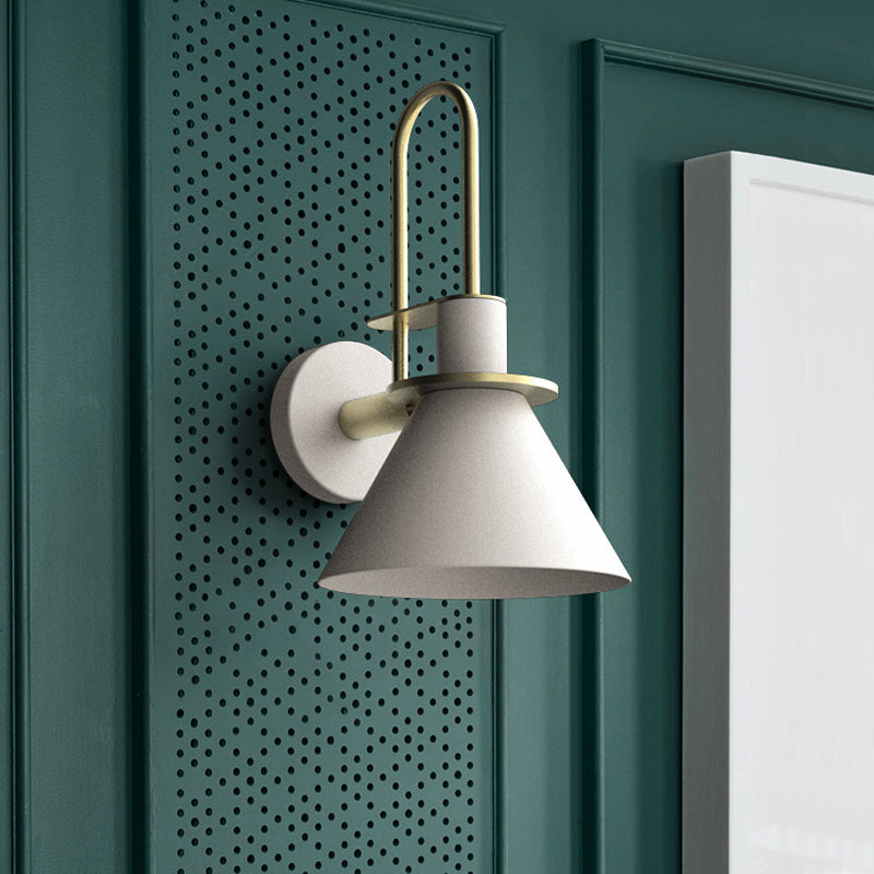 Black/White/Green Cone Wall Lamp Macaron 1-Light Metal Wall Mounted Light with Arched Arm for Bedroom, Warm/White Light