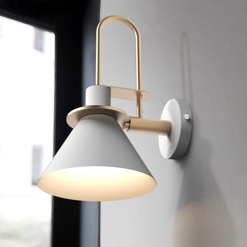 Black/White/Green Cone Wall Lamp Macaron 1-Light Metal Wall Mounted Light with Arched Arm for Bedroom, Warm/White Light