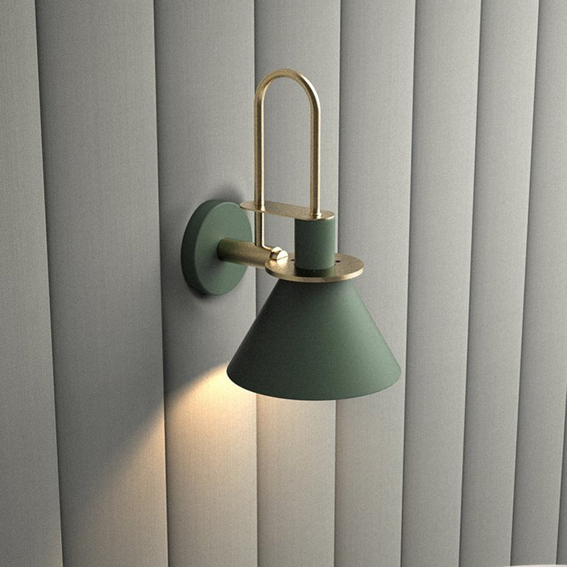 Black/White/Green Cone Wall Lamp Macaron 1-Light Metal Wall Mounted Light with Arched Arm for Bedroom, Warm/White Light