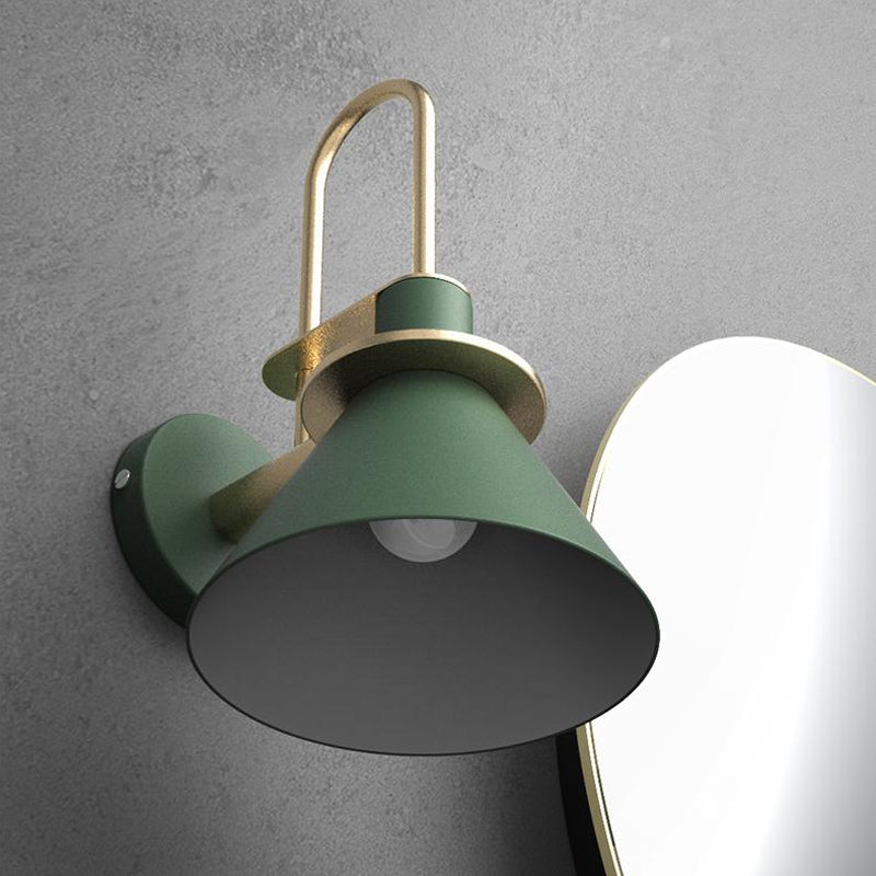 Black/White/Green Cone Wall Lamp Macaron 1-Light Metal Wall Mounted Light with Arched Arm for Bedroom, Warm/White Light