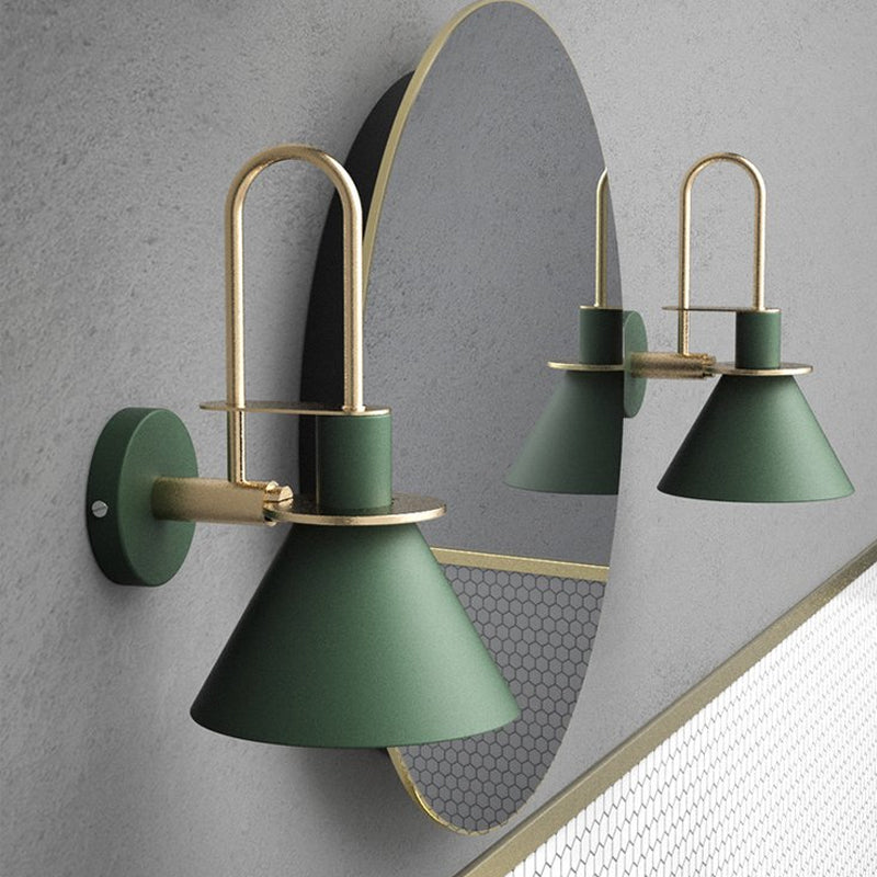 Black/White/Green Cone Wall Lamp Macaron 1-Light Metal Wall Mounted Light with Arched Arm for Bedroom, Warm/White Light