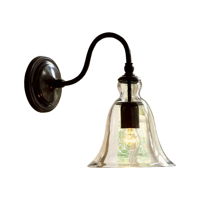 Vintage Gooseneck Wall Mount Light Single-Bulb Clear Flared Glass Wall Lighting in Black