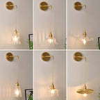 Bowl/Cylinder Bedside Wall Lighting Antique Clear Prismatic/Wavy Glass 1 Bulb Brass Wall Hanging Lamp with Rotary Switch