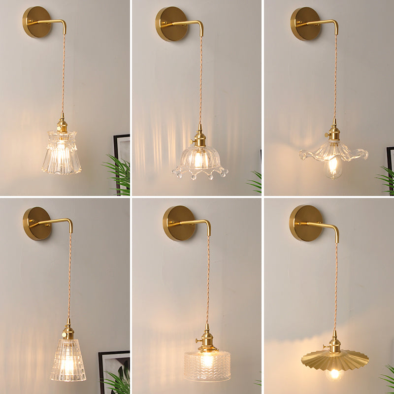 Bowl/Cylinder Bedside Wall Lighting Antique Clear Prismatic/Wavy Glass 1 Bulb Brass Wall Hanging Lamp with Rotary Switch