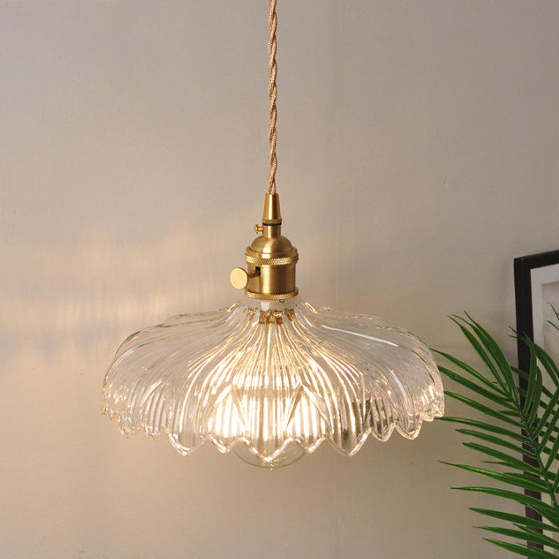 Bowl/Cylinder Bedside Wall Lighting Antique Clear Prismatic/Wavy Glass 1 Bulb Brass Wall Hanging Lamp with Rotary Switch