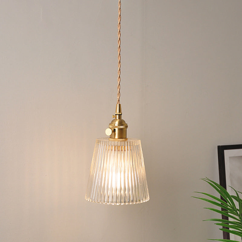 Bowl/Cylinder Bedside Wall Lighting Antique Clear Prismatic/Wavy Glass 1 Bulb Brass Wall Hanging Lamp with Rotary Switch