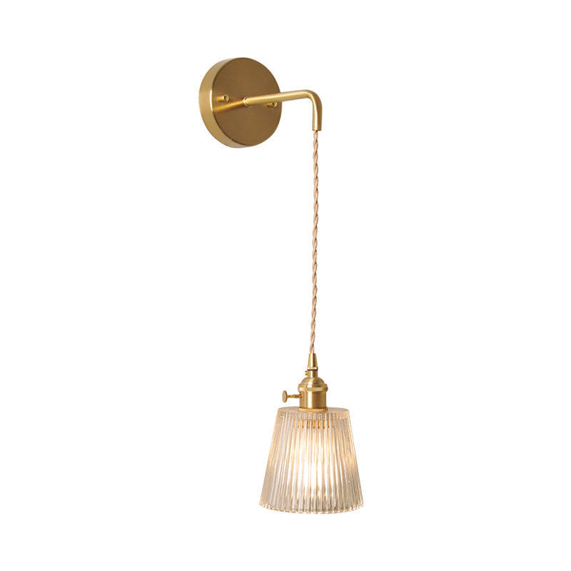 Bowl/Cylinder Bedside Wall Lighting Antique Clear Prismatic/Wavy Glass 1 Bulb Brass Wall Hanging Lamp with Rotary Switch