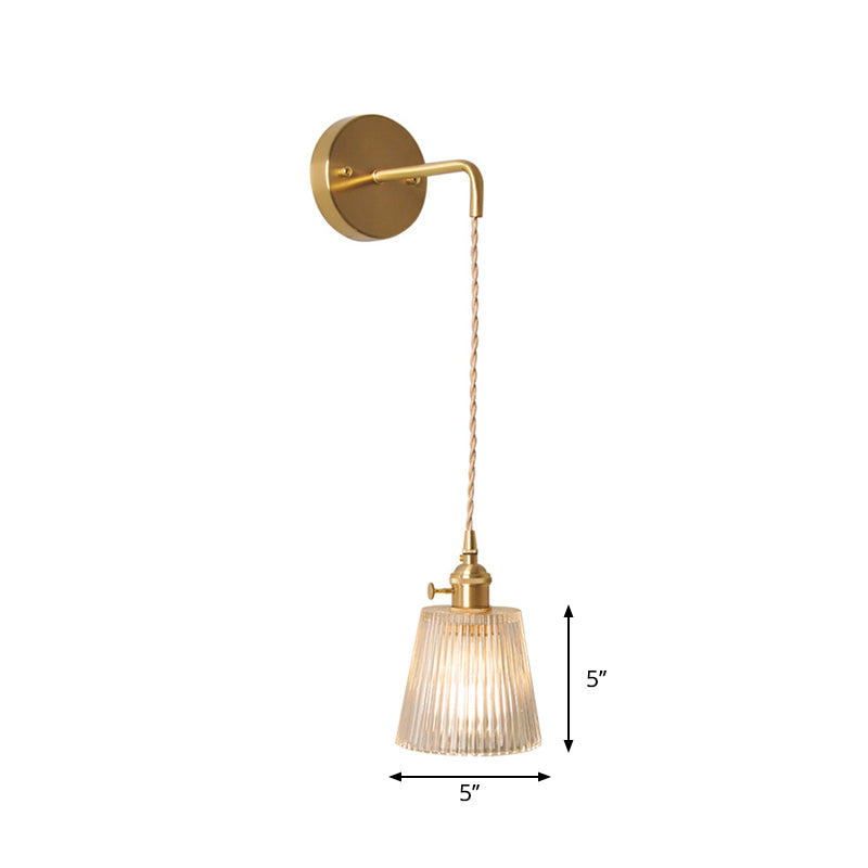 Bowl/Cylinder Bedside Wall Lighting Antique Clear Prismatic/Wavy Glass 1 Bulb Brass Wall Hanging Lamp with Rotary Switch