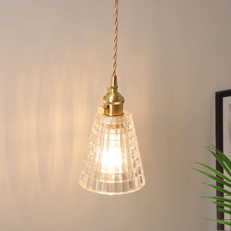 Bowl/Cylinder Bedside Wall Lighting Antique Clear Prismatic/Wavy Glass 1 Bulb Brass Wall Hanging Lamp with Rotary Switch