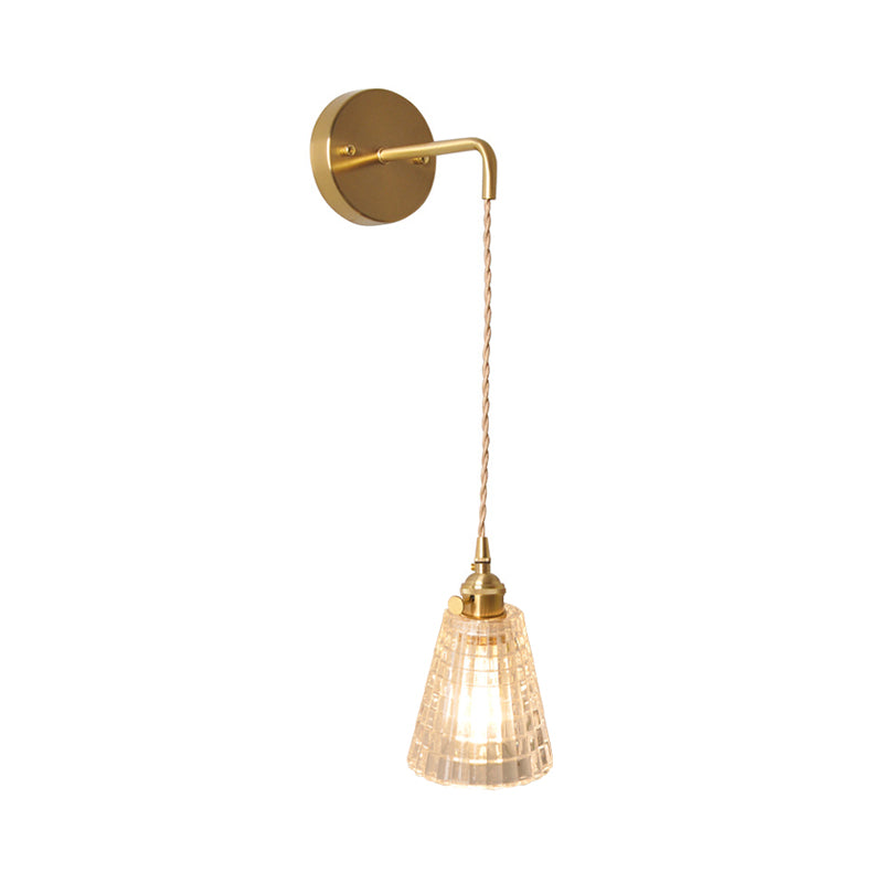 Bowl/Cylinder Bedside Wall Lighting Antique Clear Prismatic/Wavy Glass 1 Bulb Brass Wall Hanging Lamp with Rotary Switch