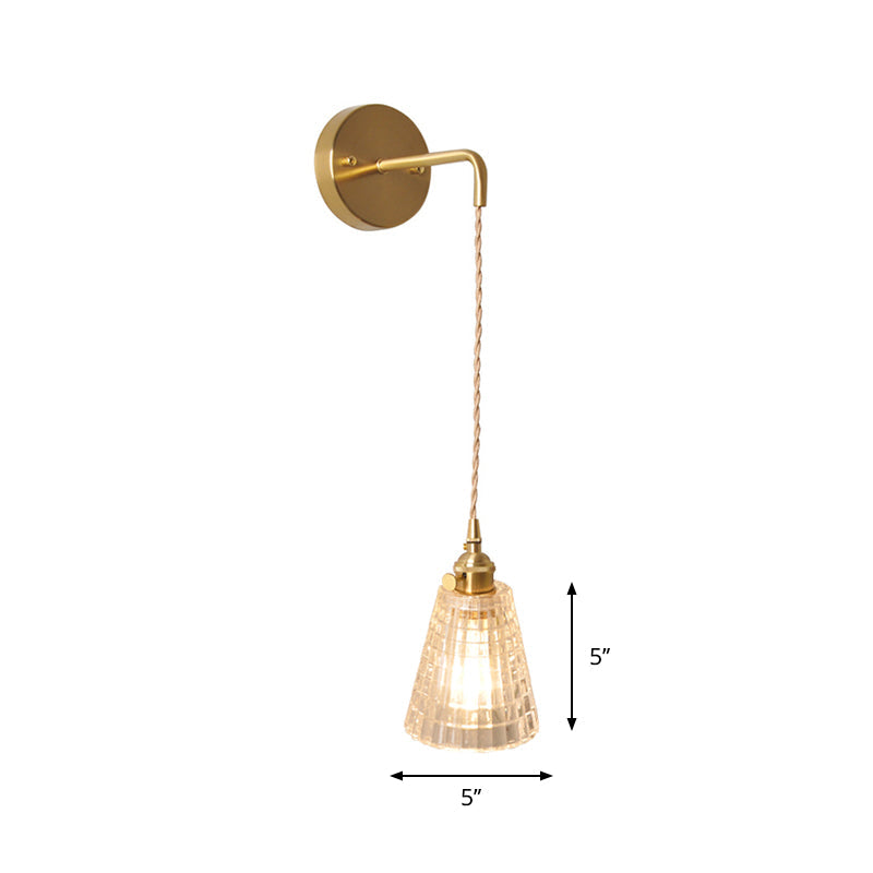 Bowl/Cylinder Bedside Wall Lighting Antique Clear Prismatic/Wavy Glass 1 Bulb Brass Wall Hanging Lamp with Rotary Switch