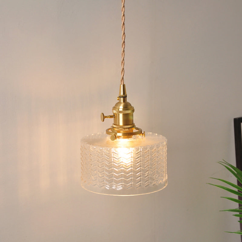 Bowl/Cylinder Bedside Wall Lighting Antique Clear Prismatic/Wavy Glass 1 Bulb Brass Wall Hanging Lamp with Rotary Switch