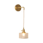 Bowl/Cylinder Bedside Wall Lighting Antique Clear Prismatic/Wavy Glass 1 Bulb Brass Wall Hanging Lamp with Rotary Switch