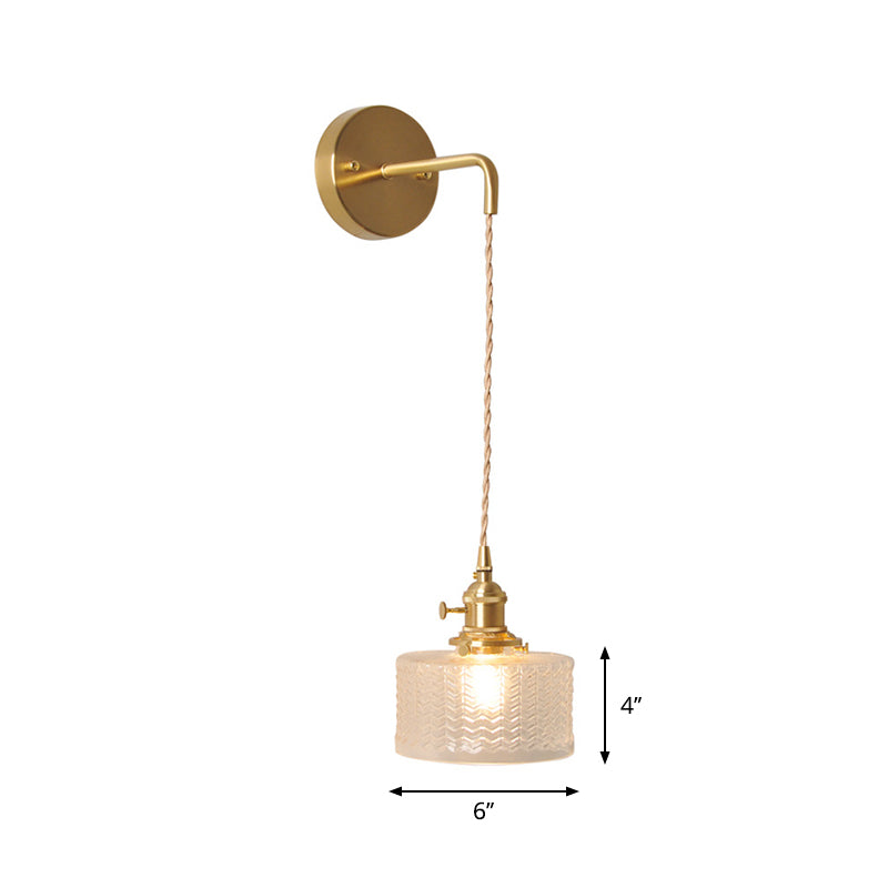 Bowl/Cylinder Bedside Wall Lighting Antique Clear Prismatic/Wavy Glass 1 Bulb Brass Wall Hanging Lamp with Rotary Switch