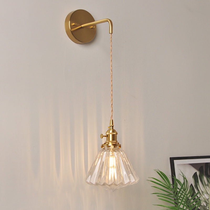 Bowl/Cylinder Bedside Wall Lighting Antique Clear Prismatic/Wavy Glass 1 Bulb Brass Wall Hanging Lamp with Rotary Switch